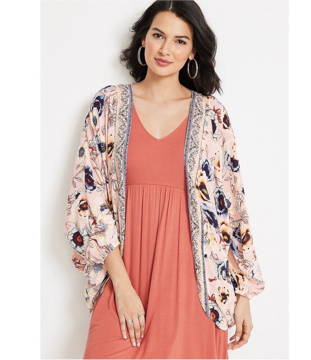 Maurices Pink Floral Peasant Sleeve Kimono XL Large Boho Spring Cover Up Cottage